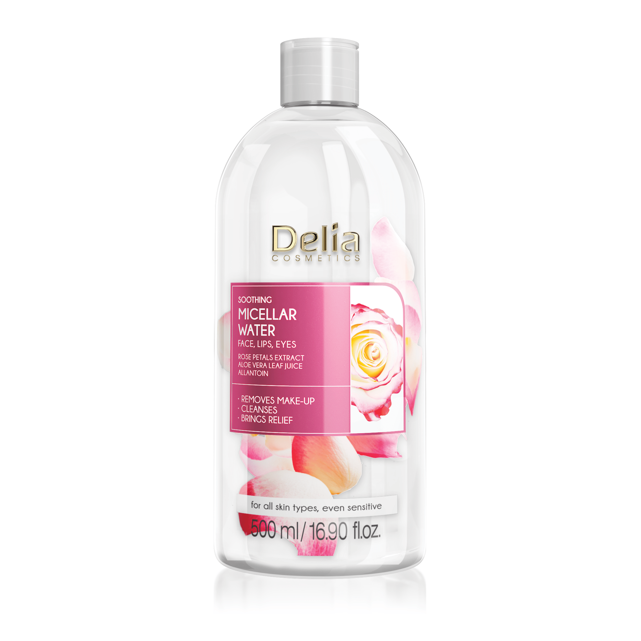 ماء ميسيلار المهدئ للوجه والشفاه والعيون وبتلات الورد وعصير أوراق الصبار 500 مل - Delia Cosmetics