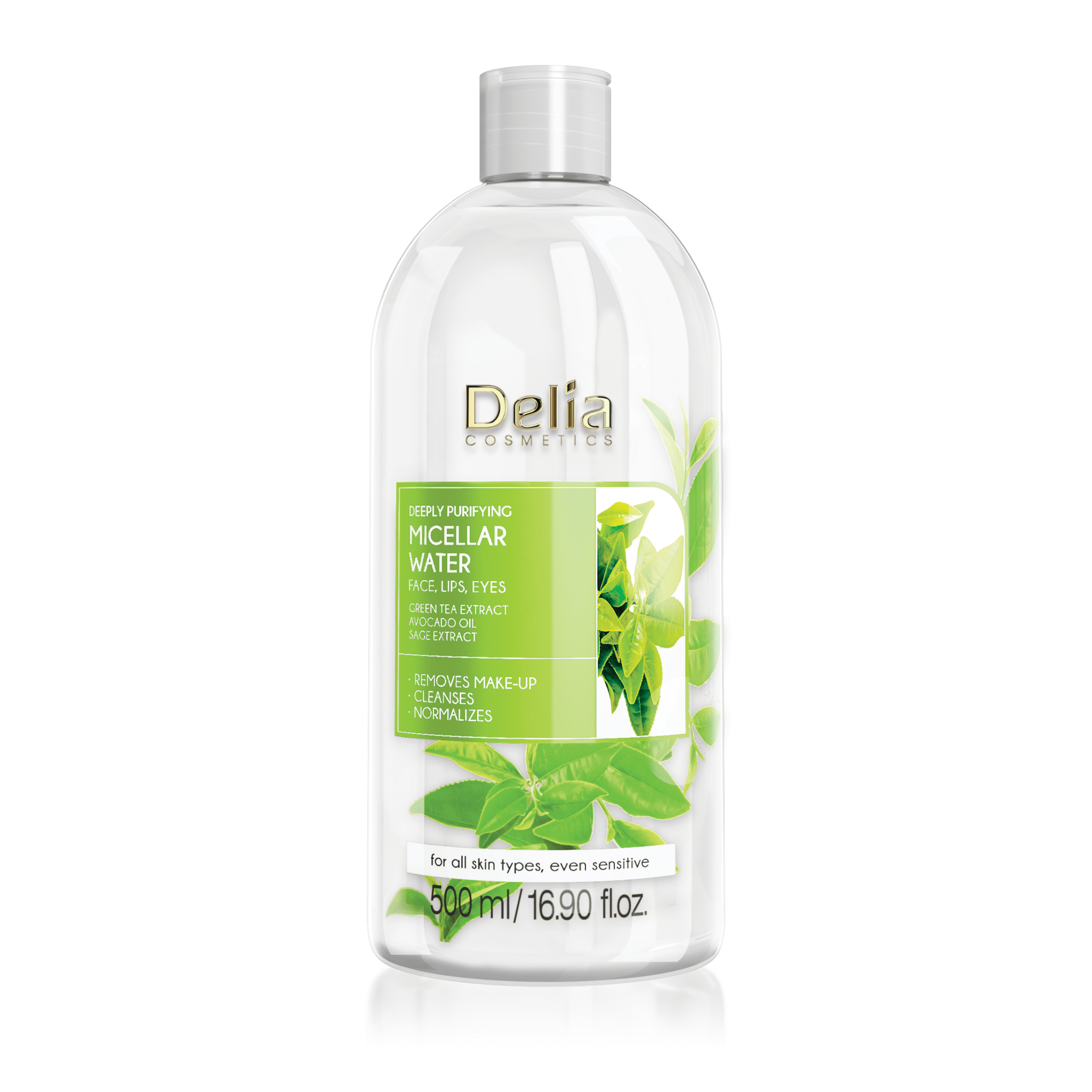 ماء ميسيلار منقي للوجه والشفاه والعيون مستخلص الشاي الأخضر وزيت الأفوكادو 500 مل - Delia Cosmetics