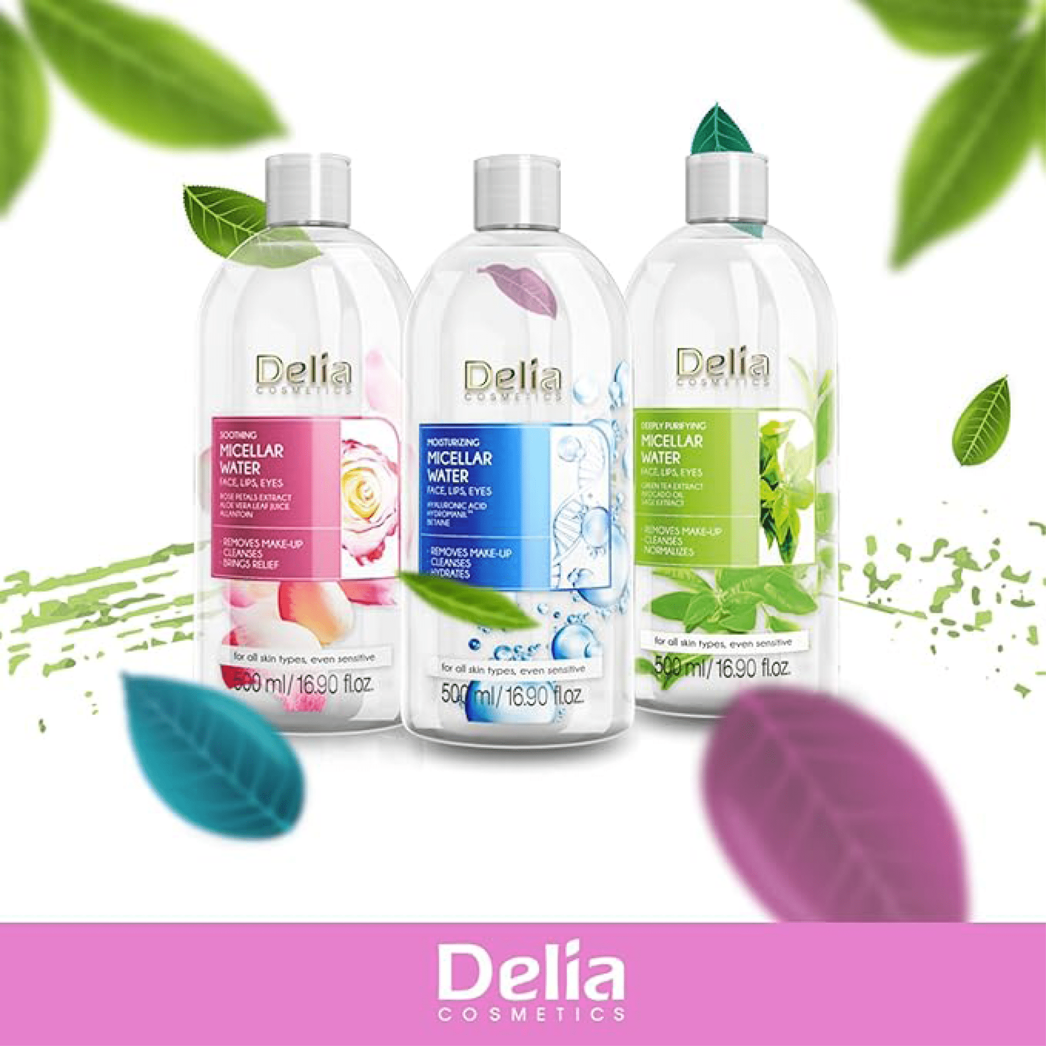 ماء ميسيلار منقي للوجه والشفاه والعيون مستخلص الشاي الأخضر وزيت الأفوكادو 500 مل - Delia Cosmetics
